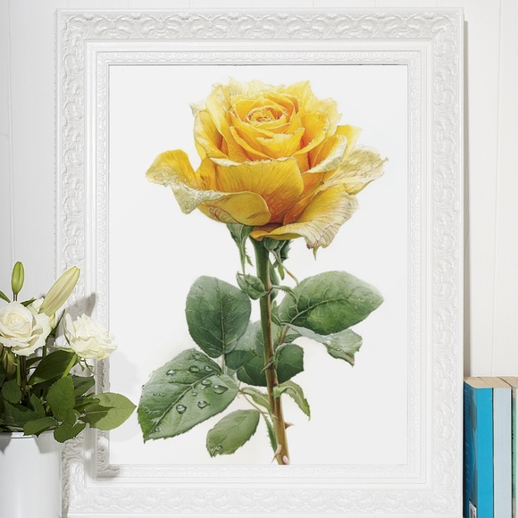 Watercolor Single Yellow Rose Wall Art Print Poster, Unframed - Delicate Floral - Picture 6 of 6